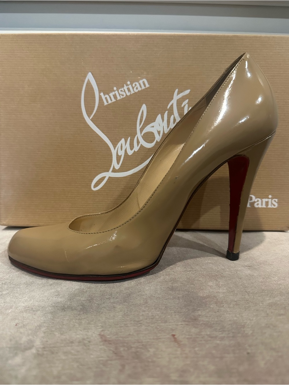 Christian Louboutin Beige Patent Leather Pump with Red Sole